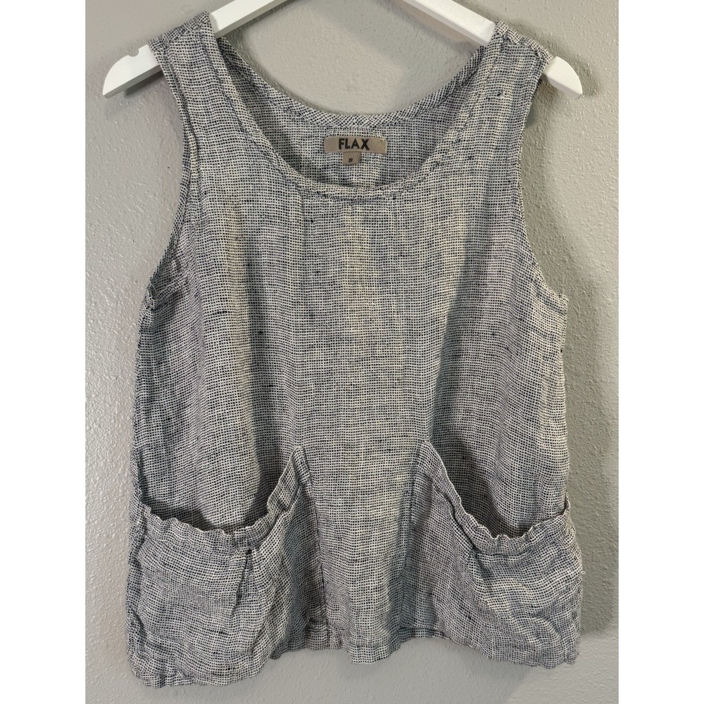 FLAX 100% Linen Tank Top S Oversized Pockets Lagenlook Art to Wear Coastal